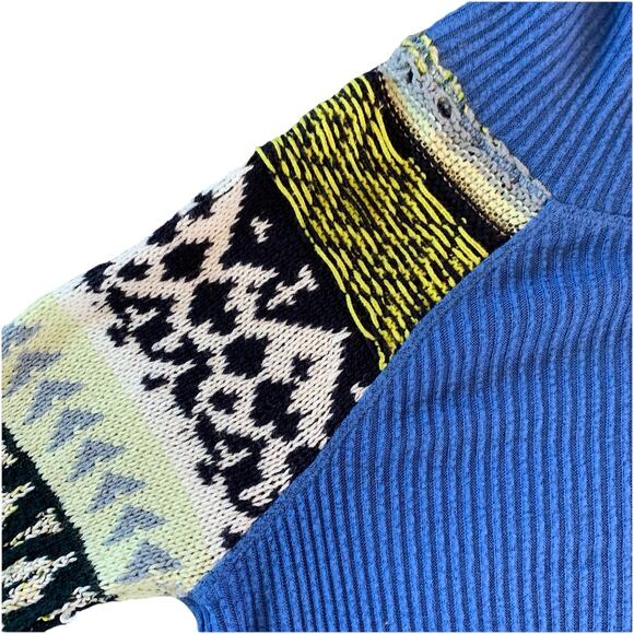 Free People Blue Bell Combo Sweater Women’s XS Ribbed Blue Fair Isle Mock Neck - Picture 6 of 14